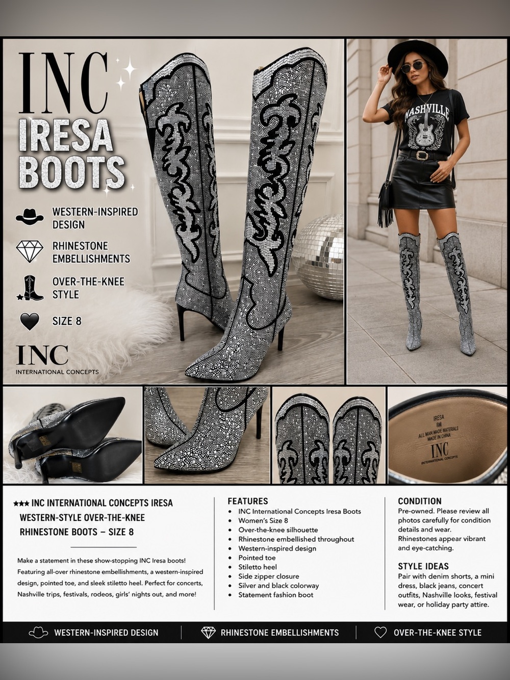 INC Iresa Western-Style Over-the-Knee Rhinestone Boots – Size 8